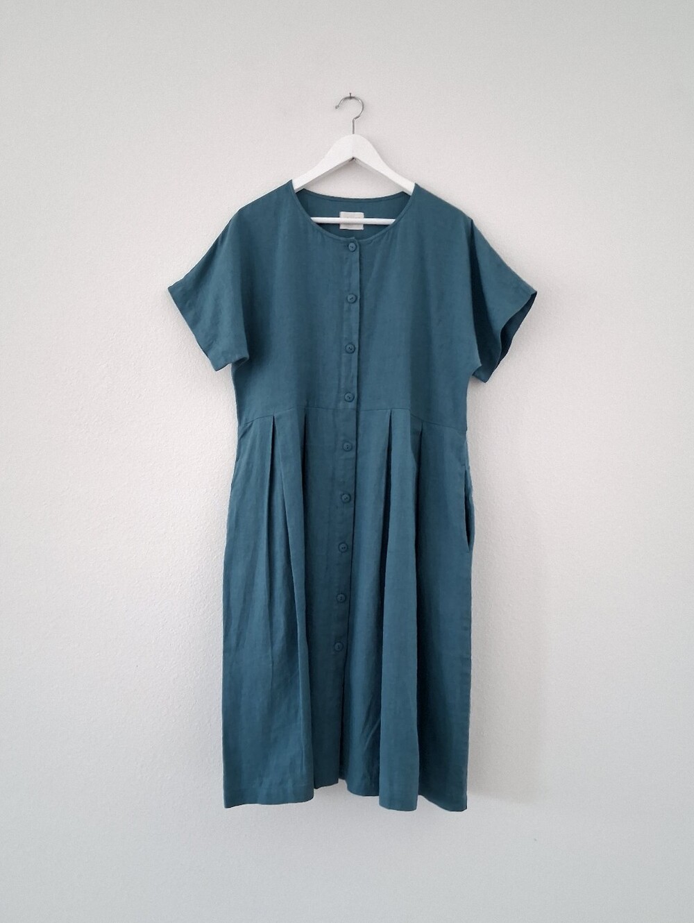 Offon Linen Pleated Skirt Button Down Midi Dress In Light Turquoise